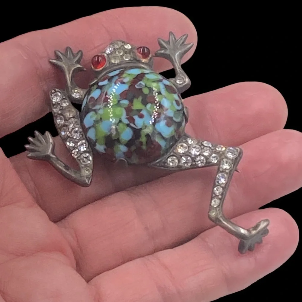 Mazer Sterling Art Glass Belly and Rhinestone Leaping Frog Brooch